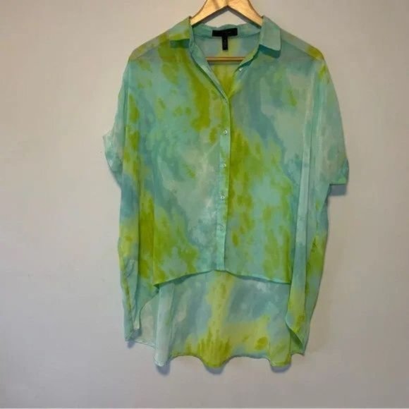 Jessica Simpson tie dye oversized high Low short sleeves semi sheer top small - Picture 1 of 8